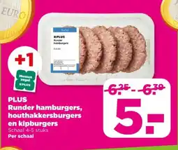 PLUS Plus runder hamburgers, houthakkersburgers en kipburgers aanbieding