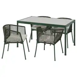 IKEA Groene buiten eetset met glazen tafel, 4 geweven stoelen & beige kussens, tafel heeft paraplugat aanbieding