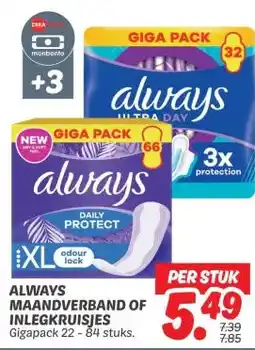 Dekamarkt ALWAYS MAANDVERBAND OF INLEGKRUISJES aanbieding