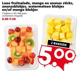Coop Luxe fruitsalade, mango en ananas sticks, ananasblokjes, watermeloen blokjes en/of mango blokjes aanbieding