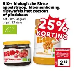 Coop BIO+ biologische Rinse appelstroop, bloemenhoning, rijstwafels met zeezout of pindakaas aanbieding