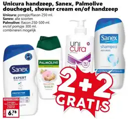 Coop Unicura handzeep, Sanex, Palmolive douchegel, shower cream en/of handzeep aanbieding