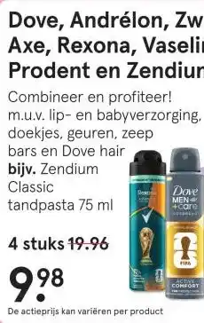 Etos Dove, Andrélon, Zwitsal, Axe, Rexona, Vaseline, Prodent en Zendium aanbieding