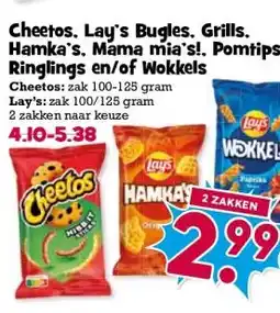 Boon`s Markt Cheetos, Lay's Bugles. Grills. Hamka's. Mama mia's!. Pomtips. Ringlings en/of Wokkels aanbieding
