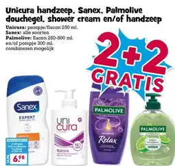 Boon`s Markt Unicura handzeep, Sanex, Palmolive douchegel, shower cream en/of handzeep aanbieding