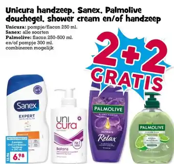 Unicura handzeep, Sanex, Palmolive douchegel, shower cream en/of handzeep