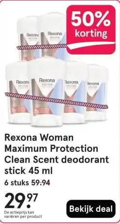 Etos Rexona Woman Maximum Protection Clean Scent deodorant stick 45 ml aanbieding