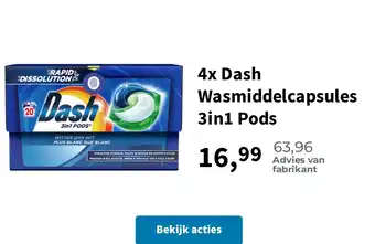 Plein.nl 4x Dash Wasmiddelcapsules 3in1 Pods aanbieding