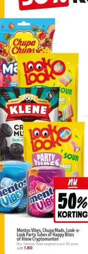 Jumbo Mentos Vibes, Chupa Mads, Look-o- Look Party Tubes of Happy Bites of Klene Cryptomunten aanbieding
