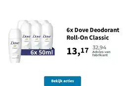 Plein.nl 6x Dove Deodorant Roll-On Classic aanbieding
