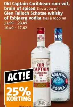 Poiesz Old Captain Caribbean rum wit, bruin of spiced, Glen Talloch Schotse whisky of Esbjaerg vodka aanbieding