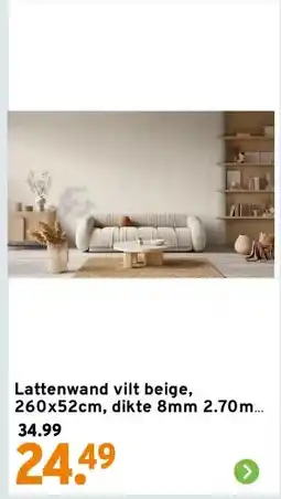 GAMMA Lattenwand vilt beige, 260x52cm, dikte 8mm 2.70m² 2 stuks aanbieding
