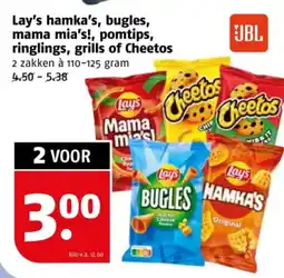 Poiesz Lay's hamka's, bugles, mama mia's!, pomtips, ringlings, grills of Cheetos aanbieding