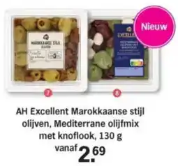 Albert Heijn AH Excellent Marokkaanse stijl olijven, Mediterrane olijfmix met knoflook aanbieding