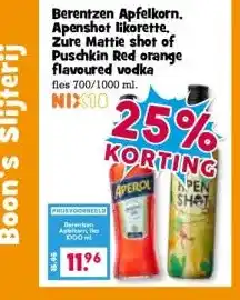 Boon`s Markt Berentzen Apfelkorn. Apenshot likorette. Zure Mattie shot of Puschkin Red orange flavoured vodka aanbieding
