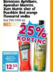 Boon`s Markt Berentzen Apfelkorn. Apenshot likorette. Zure Mattie shot of Puschkin Red orange flavoured vodka aanbieding