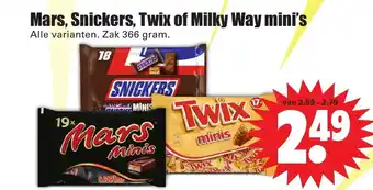 Dirk Mars, snickers, twix of milky way mini's 366g aanbieding