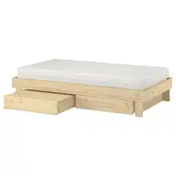 IKEA Houten glamberget uitschuifbaar bed met witte matras en opbergdozen, compact ontwerp aanbieding