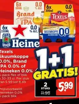 Vomar Voordeelmarkt Texels Skuumkoppe 0.0%, Brand IPA 0.0% of Heineken 0.0% aanbieding