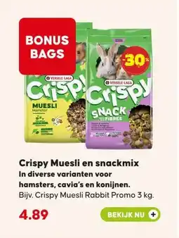 Pets Place Crispy Muesli en snackmix In diverse varianten voor hamsters, cavia's en konijnen. aanbieding