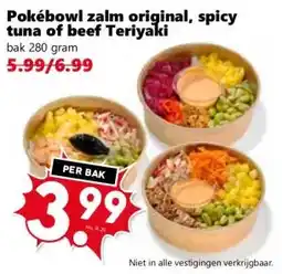Coop Pokébowl zalm original, spicy tuna of beef Teriyaki aanbieding