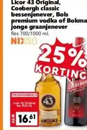 Coop Licor 43 Original, Coebergh classic bessenjenever, Bols premium vodka of Bokma jonge graanjenever aanbieding