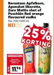 Coop Berentzen Apfelkorn, Apenshot likorette, Zure Mattie shot of Puschkin Red orange flavoured vodka aanbieding