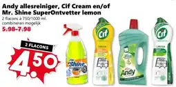 Coop Andy allesreiniger, Cif Cream en/of Mr. Shine SuperOntvetter lemon aanbieding