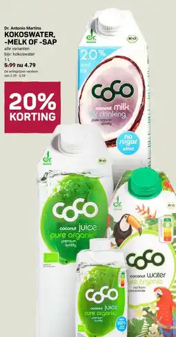 Ekoplaza Dr. Antonio Martins KOKOSWATER, -MELK OF -SAP aanbieding