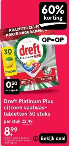 Etos Dreft Platinum Plus citroen vaatwas- tabletten 30 stuks aanbieding