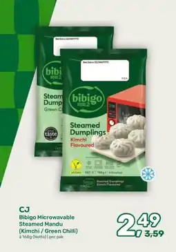 Amazing Oriëntal CJ Bibigo Microwavable Steamed Mandu (Kimchi / Green Chilli) aanbieding
