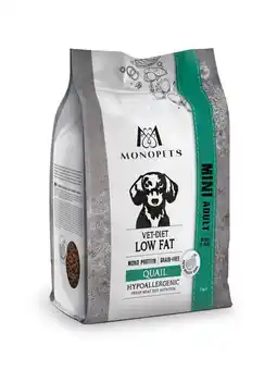 Pets Place Monopets Vet Diet Low Fat Mini Adult - Hondenbrokken - Kwartel 2 kg aanbieding