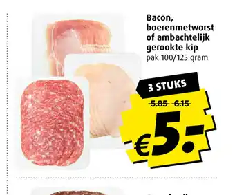 Boni Bacon, boerenmetworst of ambachtelijk gerookte kip pak 100/125 gram 3 stuks aanbieding