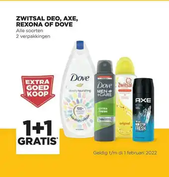 Jumbo Zwitsal Deo, Axe, Rexona Of Dove 1+1 Gratis aanbieding