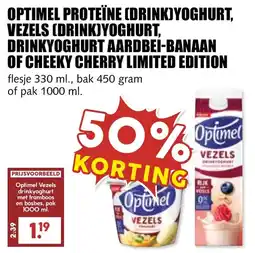 De Boerenschuur Optimel Proteïne Drinkyoghurt, Vezels drink yoghurt, drinkyoghurt aardbei-banaan of cheeky cherry limited edition aanbieding
