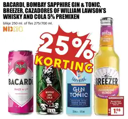 De Boerenschuur Bacardi, Bombay Sapphire Gin & Tonic, Breezer, Cazadores of William Lawson's Whisky and Cola 5% Premixen aanbieding