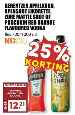 De Boerenschuur Berentzen Apfelkorn, Apenshot Likorette, Zure Mattie Shot of Puschkin Red Orange Flavoured Vodka aanbieding