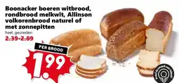 Coop Boonacker boeren witbrood, rondbrood melkwit, Allinson volkorenbrood naturel of met zonnepitten aanbieding