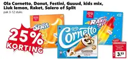 Coop Ola Cornetto, Donut, Festini, Guuud, kids mix, Liuk lemon, Raket, Solero of Split aanbieding
