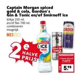 Coop Captain Morgan spiced gold & cola, Gordon's Gin & Tonic en/of Smirnoff ice aanbieding