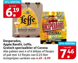 Hoogvliet Desperados, Apple Bandit, Leffe, Grolsch speciaalbier of Corona aanbieding