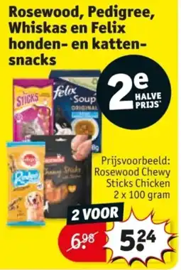 Kruidvat Rosewood, pedigree, whiskas en felix honden- en katten snacks aanbieding