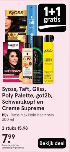 Etos Syoss, Taft, Gliss, Poly Palette, got2b, Schwarzkopf en Creme Supreme aanbieding