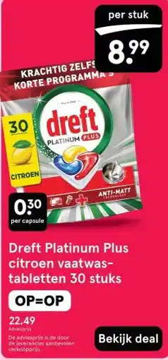 Etos Dreft Platinum Plus citroen vaatwas- tabletten 30 stuks aanbieding