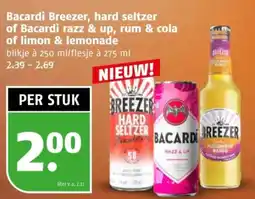 Poiesz Bacardi Breezer, hard seltzer of Bacardi razz & up, rum & cola of limon & lemonade aanbieding