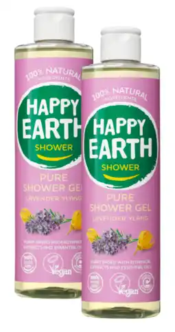 De Online Drogist Happy Earth 100% Natural Shower Gel Lavender Ylang Duoverpakking aanbieding