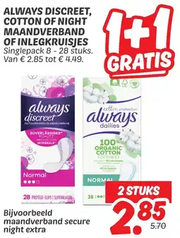Dekamarkt Always discreet, cotton of night maandverband of inlegkruisjes aanbieding