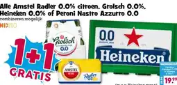 Boon`s Markt Alle Amstel Radler 0.0% citroen, Grolsch 0.0%, Heineken 0.0% of Peroni Nastro Azzurro 0.0 aanbieding