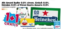 Boon`s Markt Alle Amstel Radler 0.0% citroen, Grolsch 0.0%, Heineken 0.0% of Peroni Nastro Azzurro 0.0% aanbieding