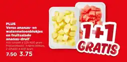 PLUS PLUS Verse ananas- en watermeloenblokjes en fruitsalade ananas-druif aanbieding